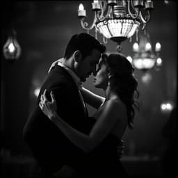 A passionate tango couple locked in an intimate embrace, with vintage chandeliers glowing behind them.