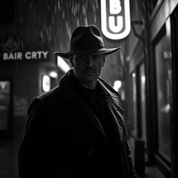 A mysterious detective standing under the neon glow of a rainy city street, wearing a fedora and trench coat.