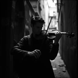 A violinist performing in an old alley, surrounded by echoes of the past, lost in the music.