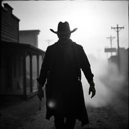 A lone cowboy walking through a desolate town, his silhouette framed by dust and fading sunlight.