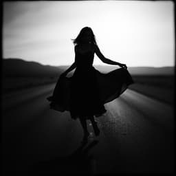 A woman in a flowing dress dancing barefoot on a deserted road, her silhouette dramatic against the horizon.