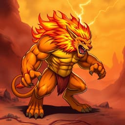 A powerful lion with a mane made of fire, standing in an intimidating pose. The creature has bright orange and yellow hues, with glowing red eyes. The background shows a fiery desert landscape.

