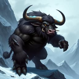 A giant bull with shaggy dark fur and imposing horns, standing on a snowy mountain. The creature is dark brown with icy blue accents. The atmosphere is cold and harsh.