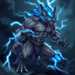 A sleek electric wolf with glowing blue fur, lightning crackling around its body. It has sharp, piercing eyes and an aggressive stance. The background features a stormy night sky.