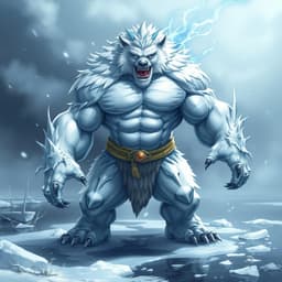 A muscular bear with icy blue fur, exuding a cold aura. It stands tall on a frozen lake with snow drifting around it. The color scheme is white and silver, with frosty details.