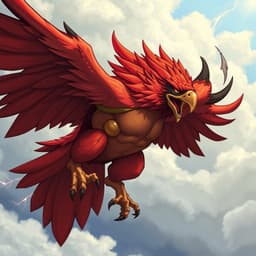 A fierce hawk with vibrant red feathers, soaring mid-air with an intense gaze. The color palette includes rich red, orange, and black tones. The sky in the background is filled with clouds.