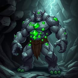 A rocky, muscular golem with glowing green crystals embedded in its body. It stands strong in a rocky cave with deep shadows. The golem's colors range from gray to emerald green.