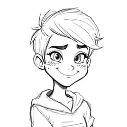 a playful teen with a pixie cut, freckles on her cheeks, and a mischievous smirk