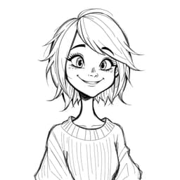 an artistic young woman with a messy bob, wearing a loose sweater, and smiling dreamil