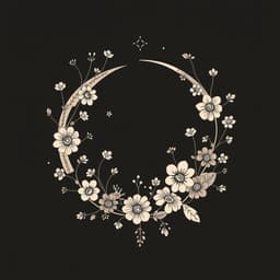 a crescent moon surrounded by floating flowers