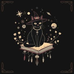 a witchy black cat sitting on a floating book