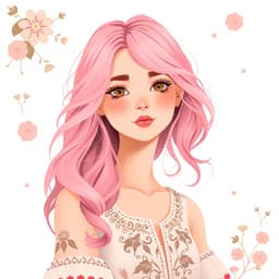 A young lady with soft pink hair in loose waves, wearing a bohemian-style dress with intricate embroidery