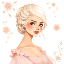 A woman with platinum blonde hair styled in an elegant updo, wearing a soft pastel dress with ruffled sleeves