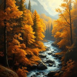 a golden autumn forest with a winding creek