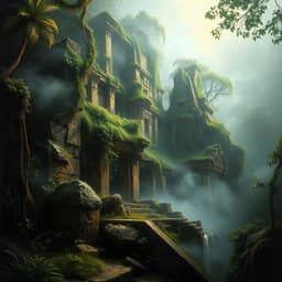 an ancient jungle ruin covered in mist and overgrown vines