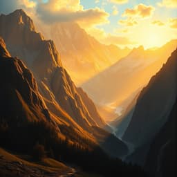 a serene mountain valley bathed in the golden light of dawn