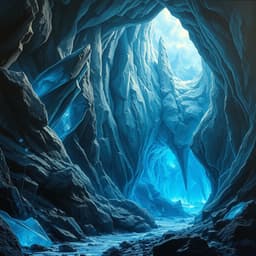 a mystical icy cavern illuminated by glowing blue crystals