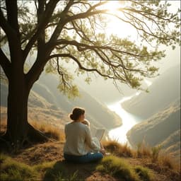 a couple reading under a tree overlooking a river valley.