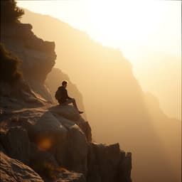 a lone traveler sitting on a rocky cliff at sunrise.