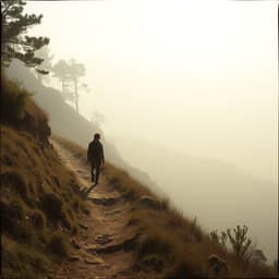 a wanderer walking along a misty mountain trail, with rolling hills stretching into the distance