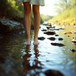 a woman standing barefoot in a shallow stream, feeling the cool water beneath her feet.