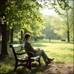 a writer sitting on a wooden bench in a tranquil park, lost in thought as the wind rustles the leaves.