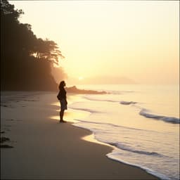 a person watching the sunrise from a quiet beach, waves gently lapping at the shore