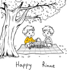 Two kids sitting under a tree, enjoying a picnic with a basket of food on a checkered blanket