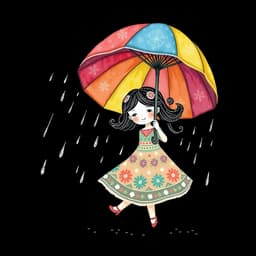 A girl dancing in the rain with a rainbow umbrella – Joyful and lively, featuring a beautifully patterned umbrella and raindrops that shimmer like tiny jewels.