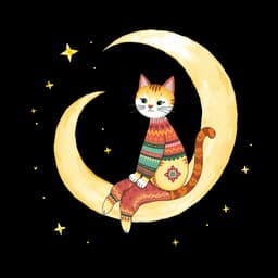 A cat sitting on a crescent moon, gazing at the stars – A playful yet dreamy scene, with a glowing moon and scattered stars adding a fairytale-like charm.