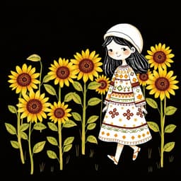 A girl walking through a sunflower field – A warm and peaceful countryside scene, where the sunflowers have expressive, almost human-like faces.