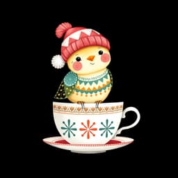 A bird wearing a winter hat, perched on a teacup – A playful and cozy winter scene, with the bird looking cheerful and the teacup featuring charming folk-art designs.