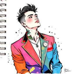 a contemplative young man in a vibrant multicolored blazer with a neck tattoo