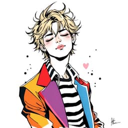 a stylish young man with tousled wavy hair, wearing a striped shirt and a multicolored blazer, his eyes closed in a relaxed pose.