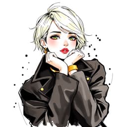 a contemplative young woman with short blonde hair, resting her face on her hands, wearing a black coat and gold accessories.