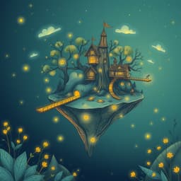 a magical floating island with a cozy treehouse village, connected by glowing bridges and surrounded by fireflies