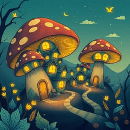 a cozy village built inside enormous mushrooms, with warm glowing windows