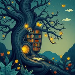 a whimsical library hidden inside an ancient tree, with books floating in the air