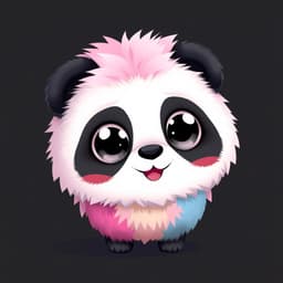 A round, fluffy panda with soft black and white fur, big black eyes, and a playful expression.