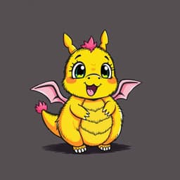 A small, round, yellow dragon with tiny wings, soft fur, and an excited facial expression.
