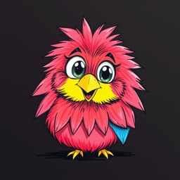 A colorful bird with red, blue, and yellow feathers, a cheerful expression, and oversized eyes.