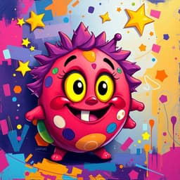 red character with big yellow eyes, smiling widely, with stars and abstract shapes floating around it