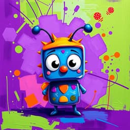 blue square-shaped body with large white eyes, a small orange nose, and black antennae, set against a background of abstract shapes and lines in vibrant shades of purple and green