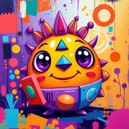 orange round character with big purple eyes, a triangular nose, and spikes on top, surrounded by colorful rectangles and circular shapes