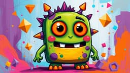 green monster with big orange eyes and a rectangular body, with quirky spikes and floating colorful geometric shapes in the background.