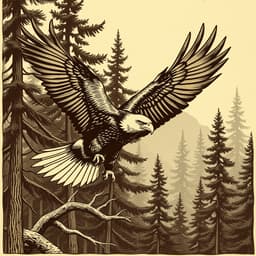 A majestic eagle soaring through a misty forest with tall pine trees. The scene should have intricate details of the feathers and branches. Color palette: shades of deep brown, soft greens, and muted grays.