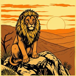 A proud lion sitting on a rocky outcrop at sunset, with rolling hills in the background. The illustration should capture the texture of the lion's mane and the rugged terrain. Color palette: warm oranges, yellows, and earthy browns