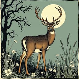 A graceful deer standing in a moonlit clearing with delicate flowers and tall grasses around. The scene should focus on the soft details of the deer's fur and the surrounding flora. Color palette: cool blues, soft greens, and silvery whites.