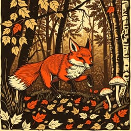 A playful fox running through a dense autumn forest, with fallen leaves and mushrooms scattered on the forest floor. The texture of the fox’s fur should be prominent, and the background should have deep foliage. Color palette: rich reds, oranges, and browns.