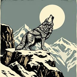 A fierce wolf howling at the full moon on a snow-covered mountain peak. The illustration should capture the sharp details of the wolf’s coat and the rough rocky terrain. Color palette: icy blues, whites, and dark grays.